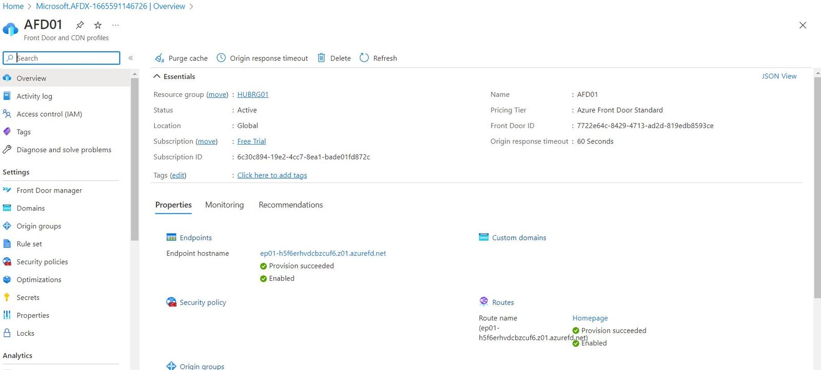 Azure Front Door configuration showing global routing, origins, CDN and web application firewall