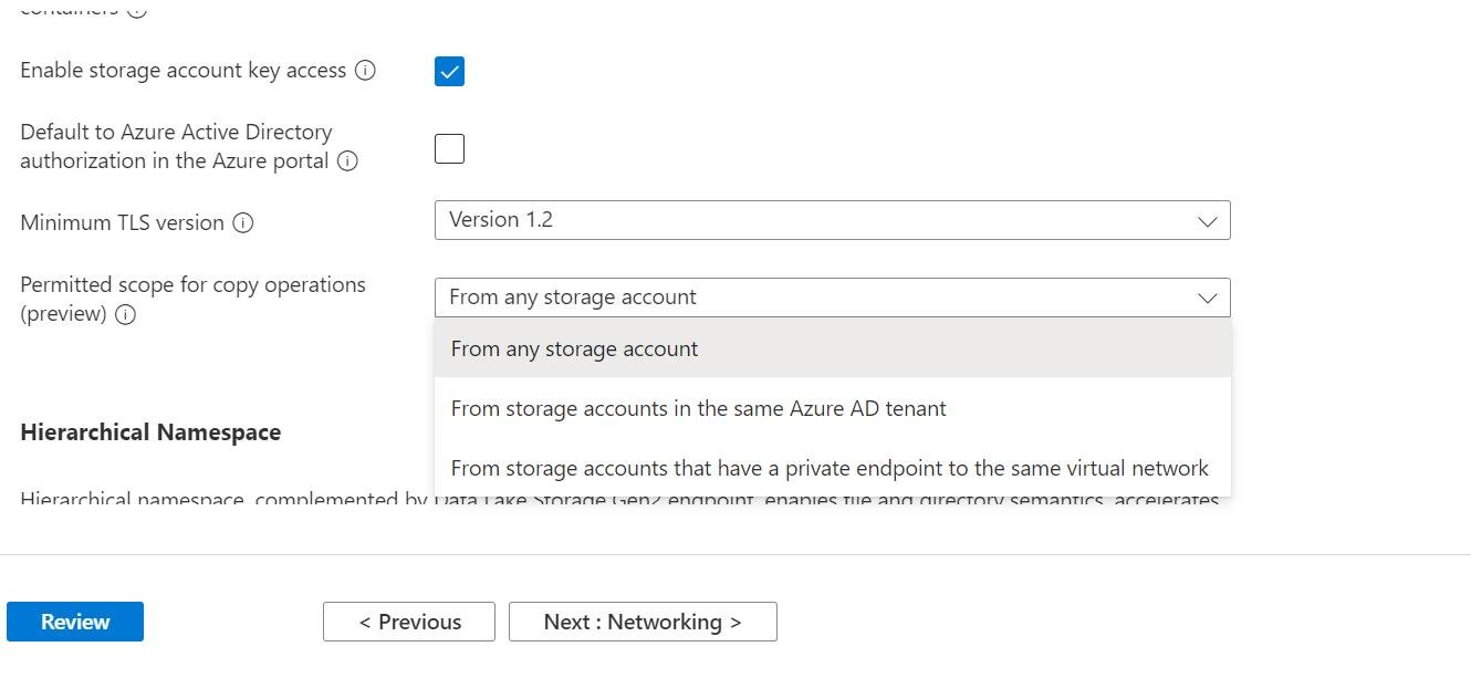 Azure Storage account configuration showing redundancy and data protection options
