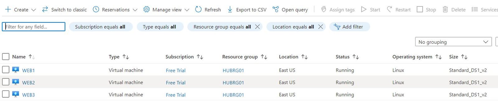 Azure virtual machines displayed in the Azure portal