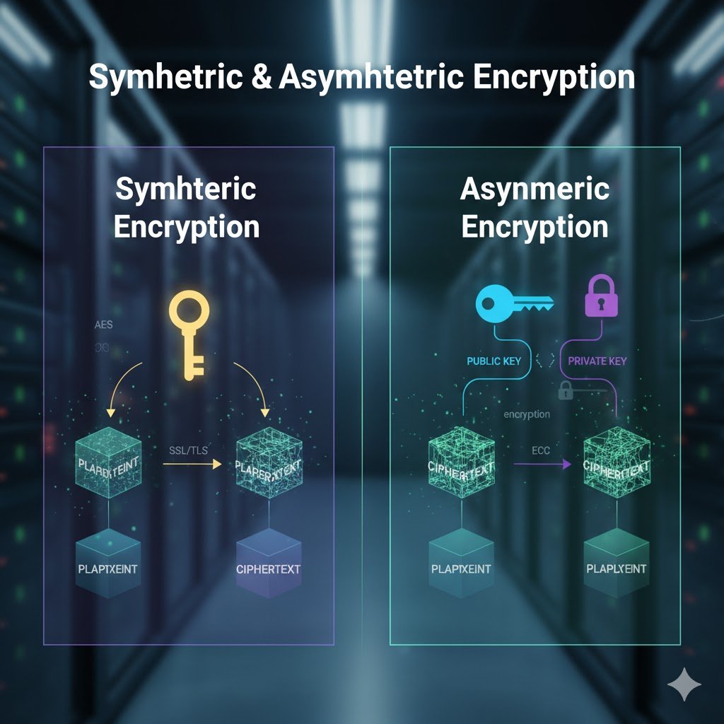Symmetric and asymmetric encryption concepts represented by shared and public-private key security