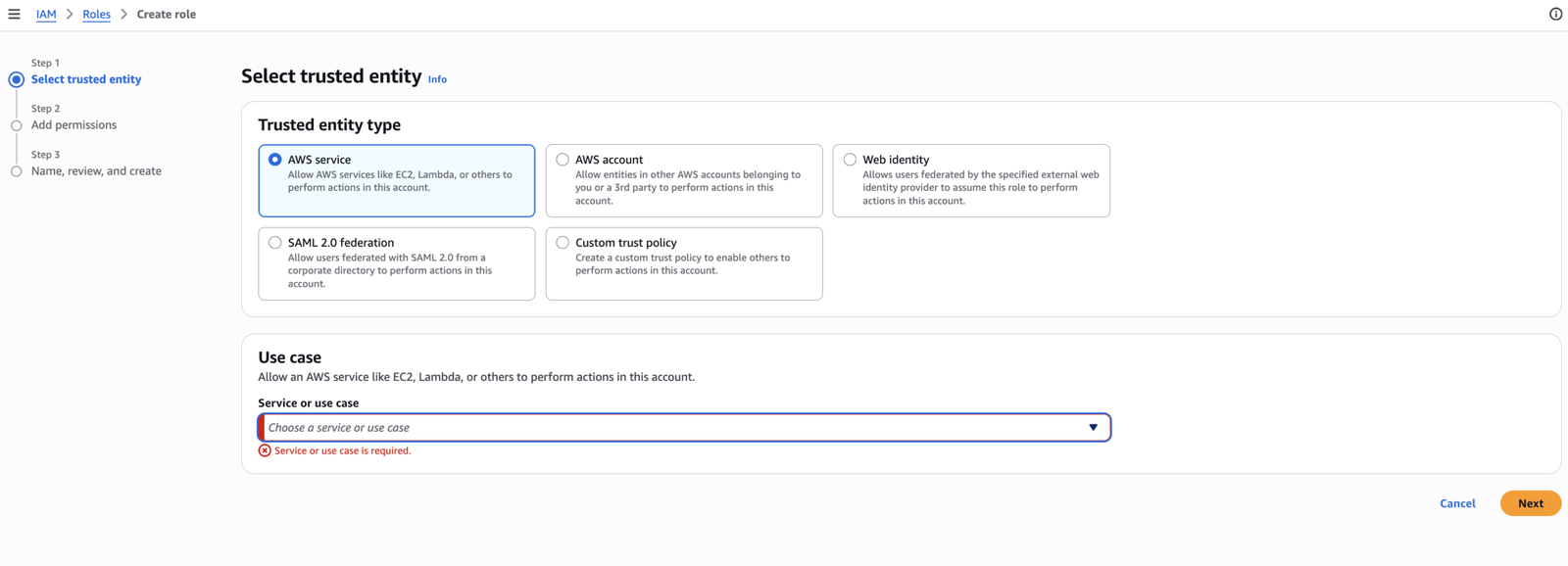 AWS IAM Create role screen with AWS service selected for an EC2 Systems Manager role