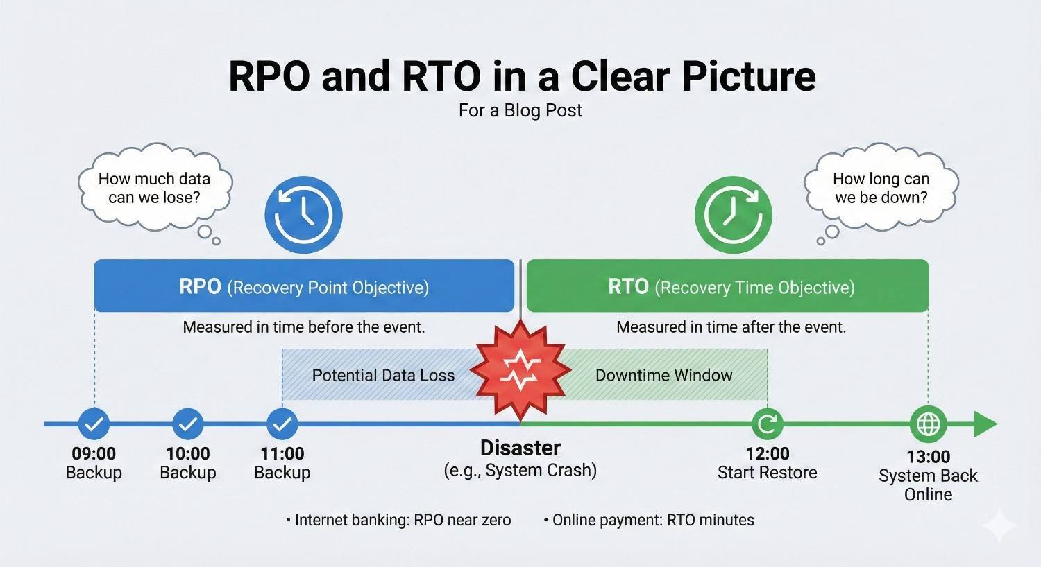 RPO and RTO disaster recovery timeline comparison