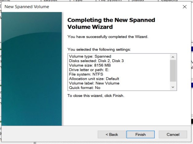 Windows Disk Management showing disks used for a spanned volume