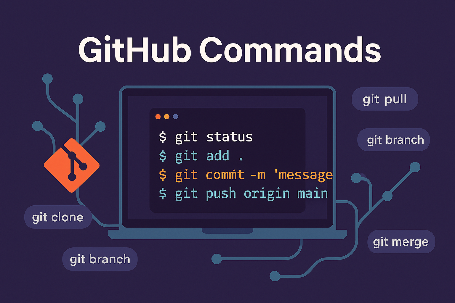 Git and GitHub command workflow with repositories, branches, commits and remotes
