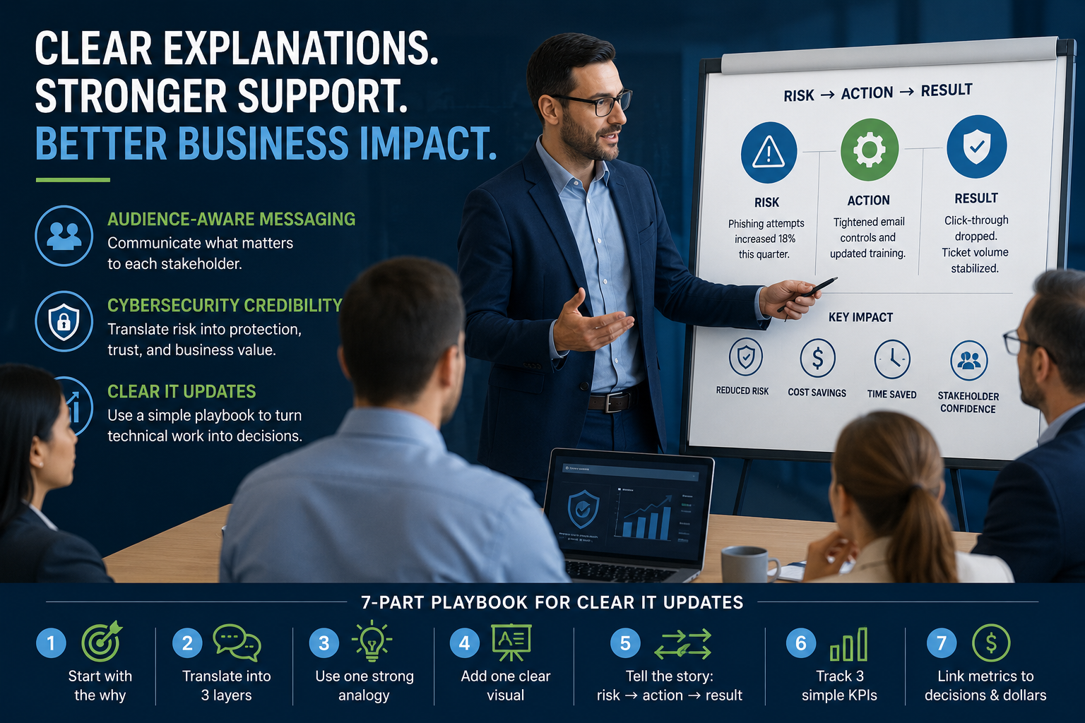 IT professional presenting technical outcomes and risks to business stakeholders