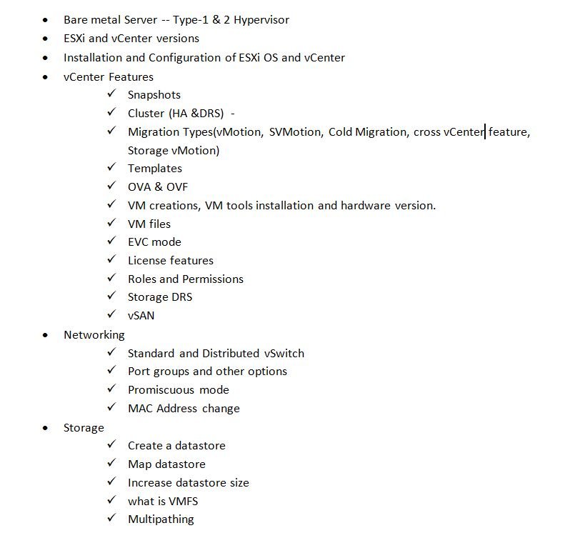 VMware vSphere concepts diagram covering ESXi, vCenter, clusters and virtual infrastructure