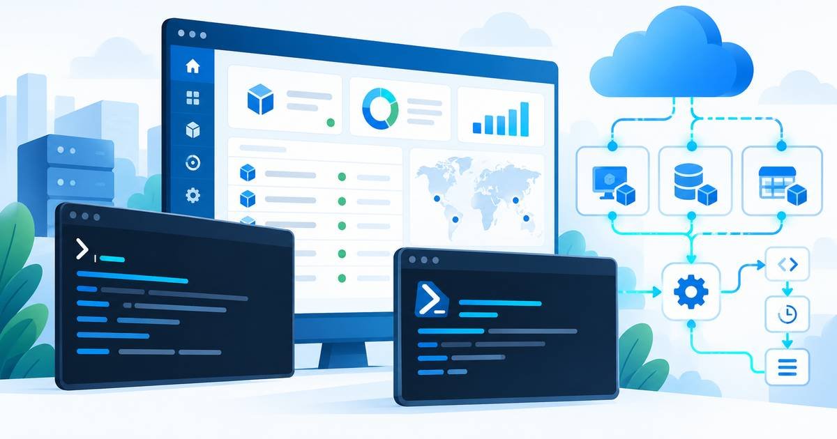Illustration of cloud administration dashboards, command-line terminals, resource nodes, and automation flow