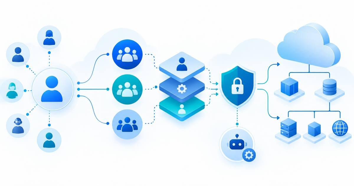 Abstract Azure identity and access control architecture with secure user groups, roles, and cloud resources