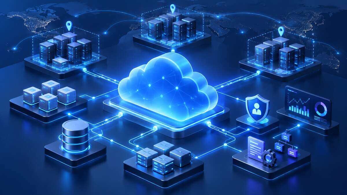 Cloud architecture with connected regions, compute, storage, networking, identity and monitoring services