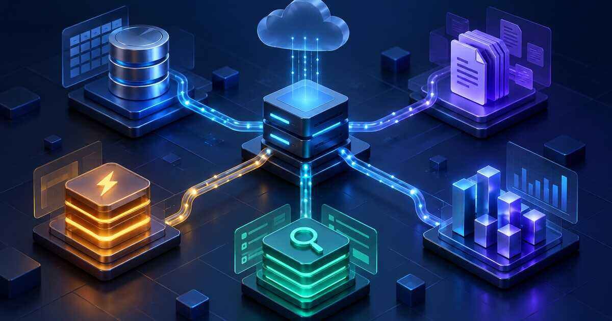 Relational, document, cache, search, and analytics database architecture