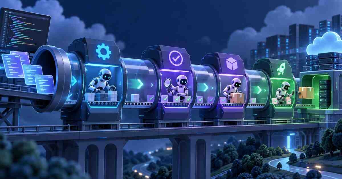 CI/CD pipeline moving code through build, test, package, and deployment stages
