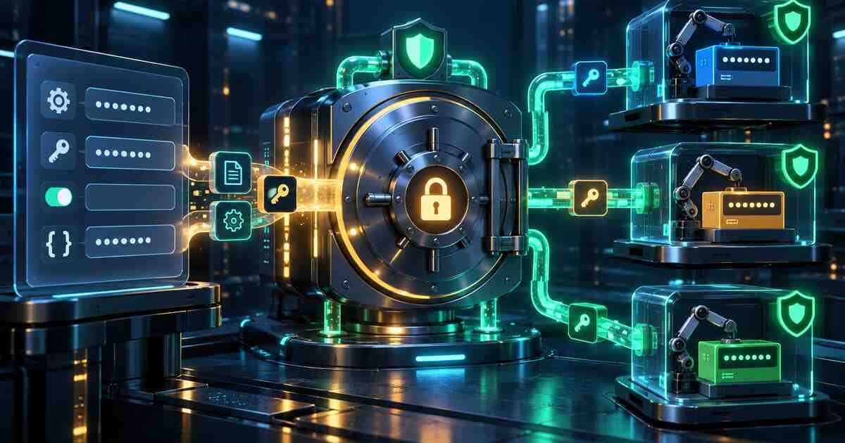 Encrypted CI variables and secrets flowing from a protected vault into isolated jobs
