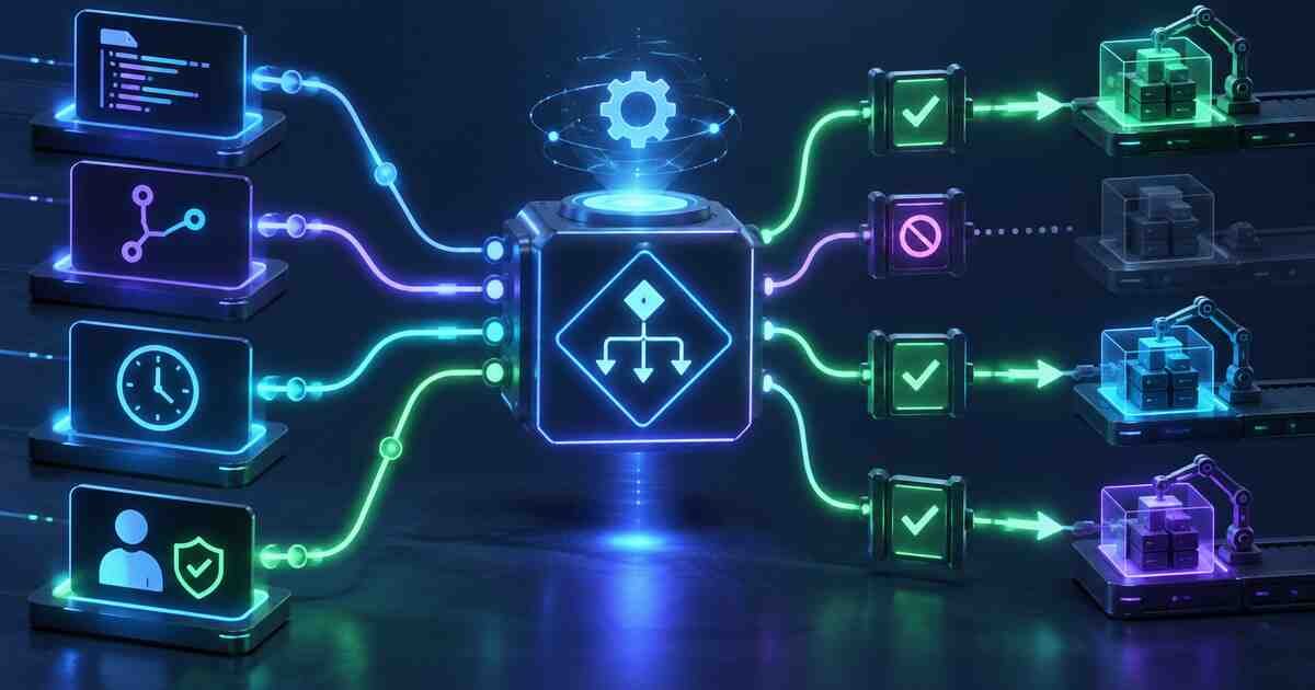 CI decision engine evaluating branches, schedules, changes, and approvals before jobs run