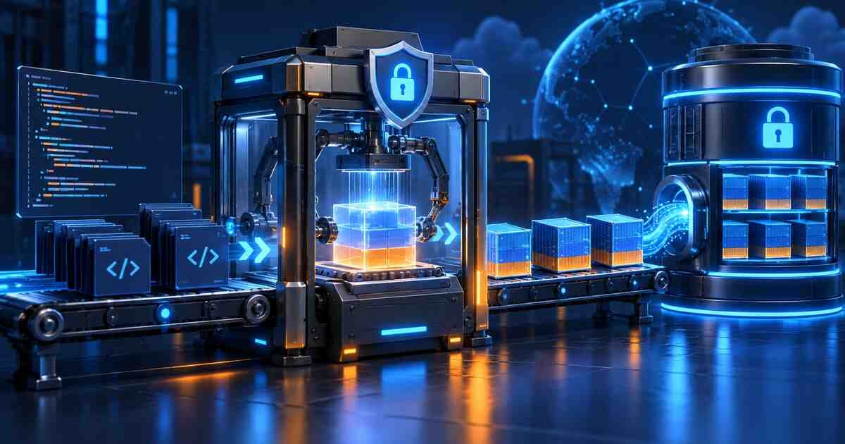 Source code moving through a secure build chamber into versioned container images