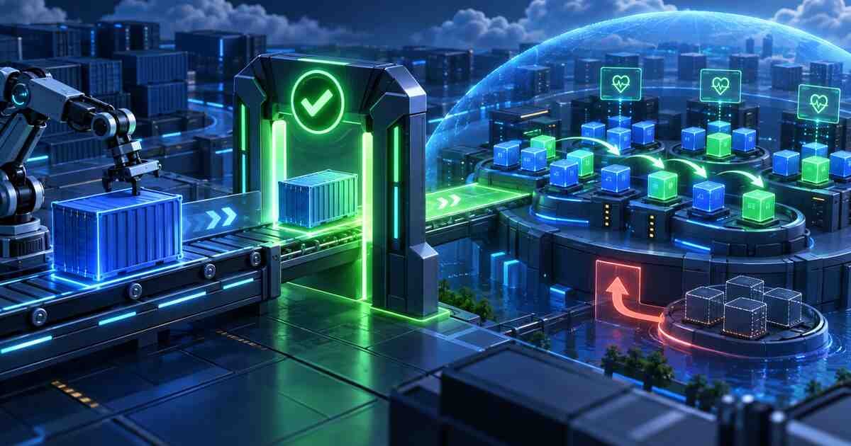 Approved container image passing a deployment gate into a resilient Kubernetes cluster