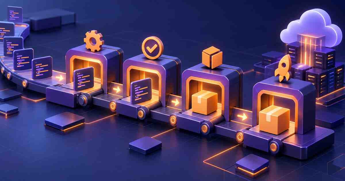 Multi-stage CI/CD pipeline moving through build, test, package, and deployment gates