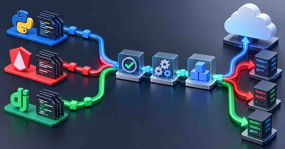 Python, Angular, and Django project pipelines converging on build and deployment