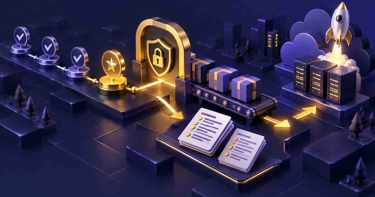 Protected software release flow with version milestones, notes, artifacts, and deployment