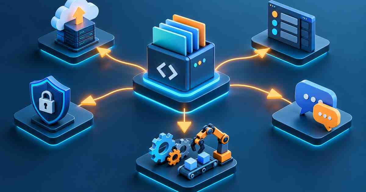 Webhook event hub connected to automation, alerts, deployments, and security services