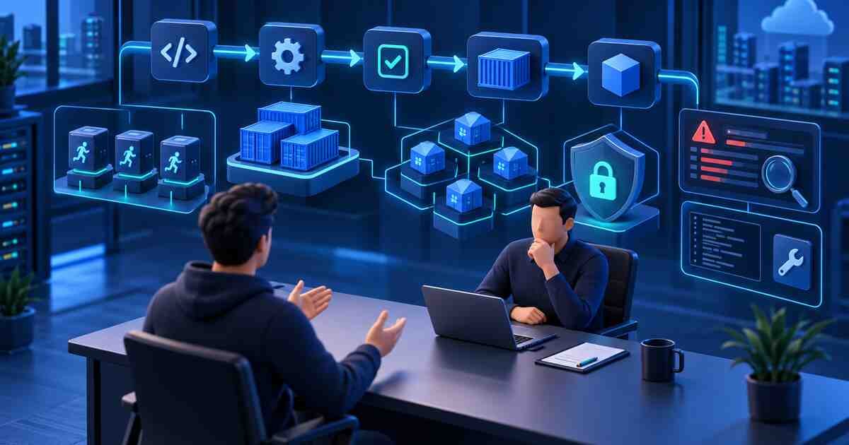 DevOps interview covering pipelines, runners, containers, security, and troubleshooting