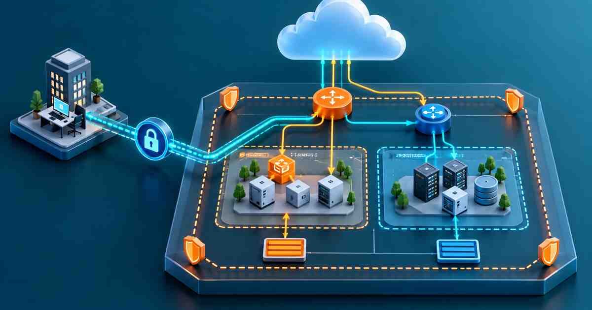 Private cloud network with subnets, routes, gateways, NAT, and security boundaries