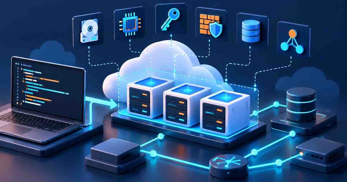 Cloud virtual machines configured with images, keys, firewalls, storage, and networking
