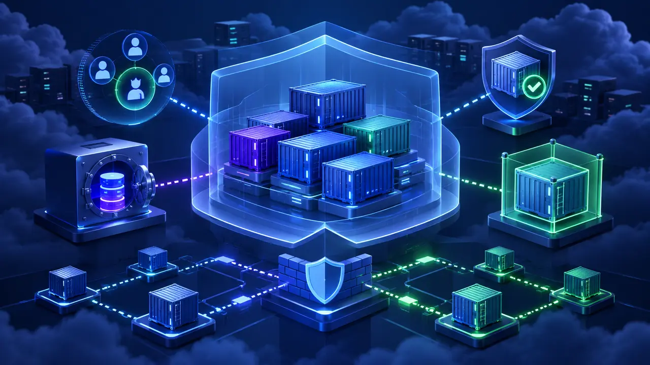 Protected Kubernetes container cluster with access control, secrets, and network security